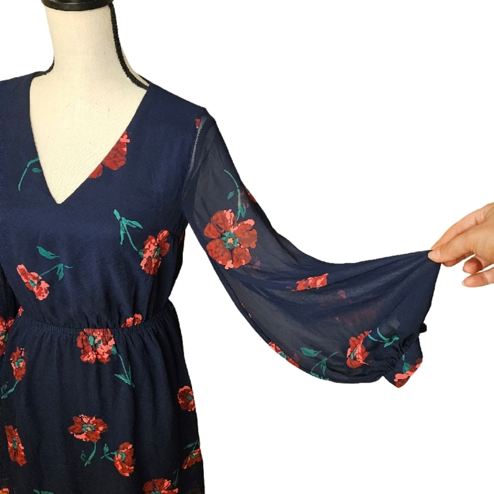 Express Navy Floral Dress with Long Sleeves - Picture 3 of 10